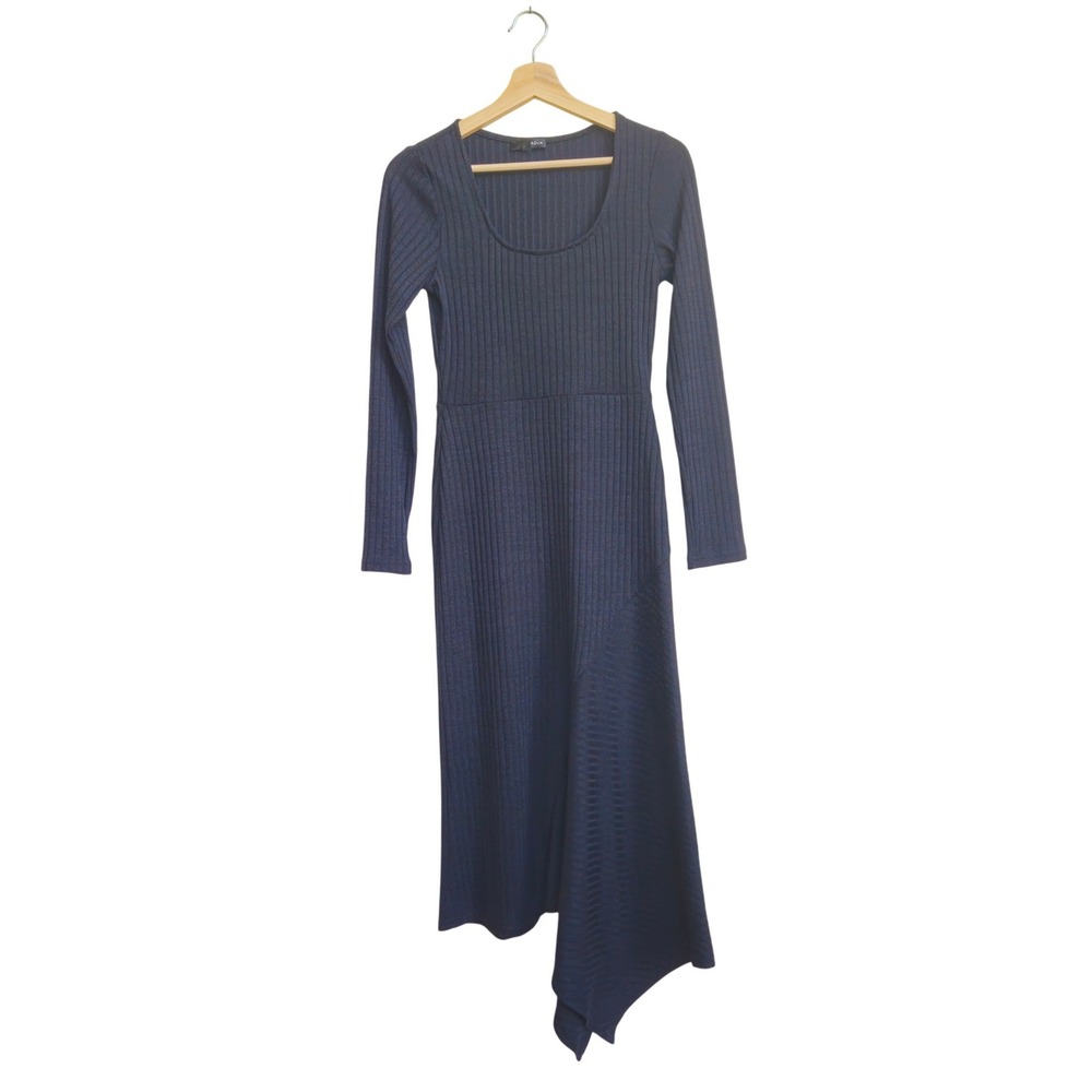 Aqua Ribbed Knit Asymmetrical Handkerchief Hem Midi Avant Garde Witchy Staple‎